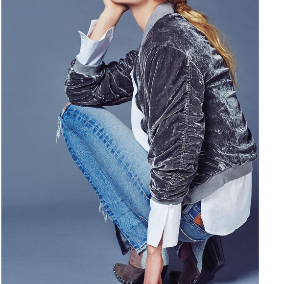 Free People Gray Ruched Velvet Bomber Jacket Size XS - Picture 11 of 11